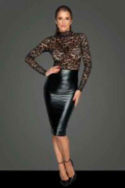 schwarzes Damen Wetlook Kleid mit Spitzenoberteil günstig online kaufen