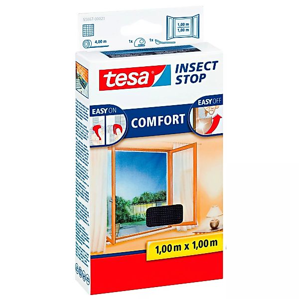 Tesa Fliegengitter Fenster mit Klettband Comfort  Anthrazit 100 cm x 100 cm günstig online kaufen