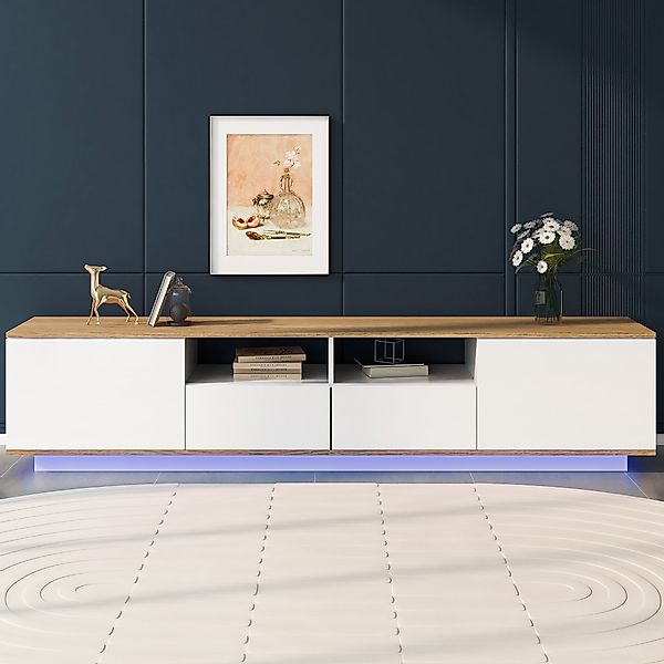 Lowboard, 80 Zoll TV-Schrank, Weiß TV-Ständer, mit LED-Beleuchtung, 2 Schrä günstig online kaufen