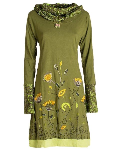 Vishes Jerseykleid Blumen-Kleid Langarm-Shirtkleid Schal-Kragen Baumwolle günstig online kaufen