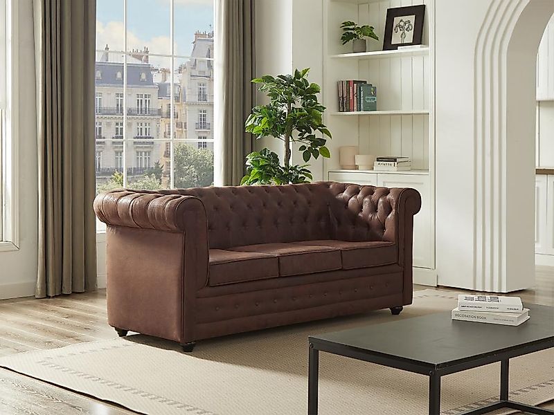 Sofa mit Schlaffunktion 3-Sitzer - Mikrofaser - Vintage-Leder-Optik - CHEST günstig online kaufen