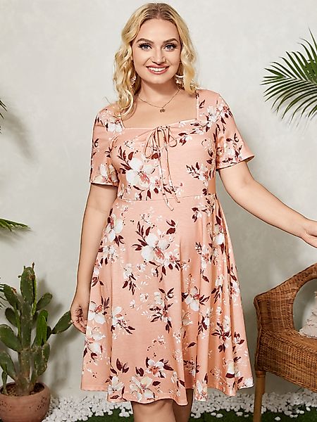 YOINS Plus Größe Blumendruck Bindedesign Kurze Ärmel Kleid günstig online kaufen