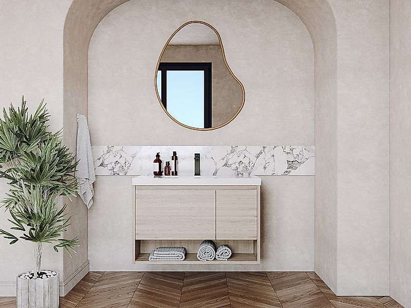 Waschbeckenunterschrank hängend mit Einzelwaschbecken + Armatur - Holzfarbe günstig online kaufen