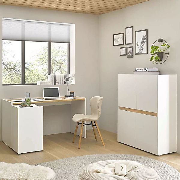 Arbeitszimmermoebel Set in Weiß Wildeichefarben (dreiteilig) günstig online kaufen
