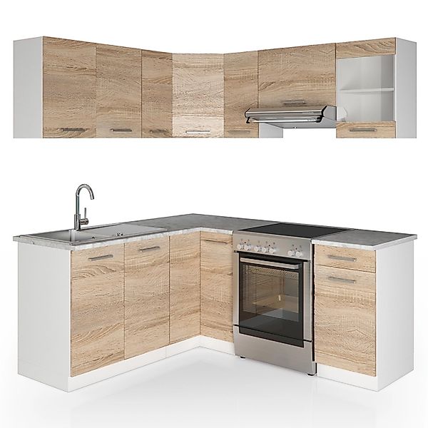 Vicco Rick Eckküche Weiß/Sonoma 187 x 167 cm AP MarmorRick ohne E-Geräte günstig online kaufen