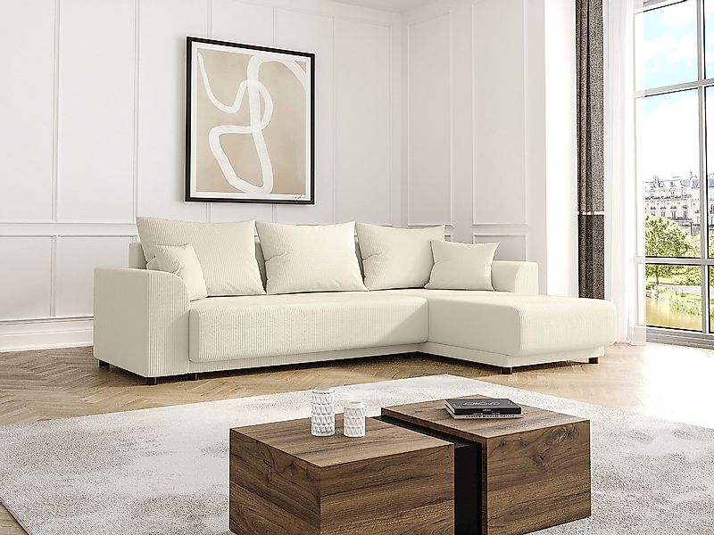 Ecksofa mit Schlaffunktion - Ecke wechselbar - Cord - Beige - NESSARO günstig online kaufen