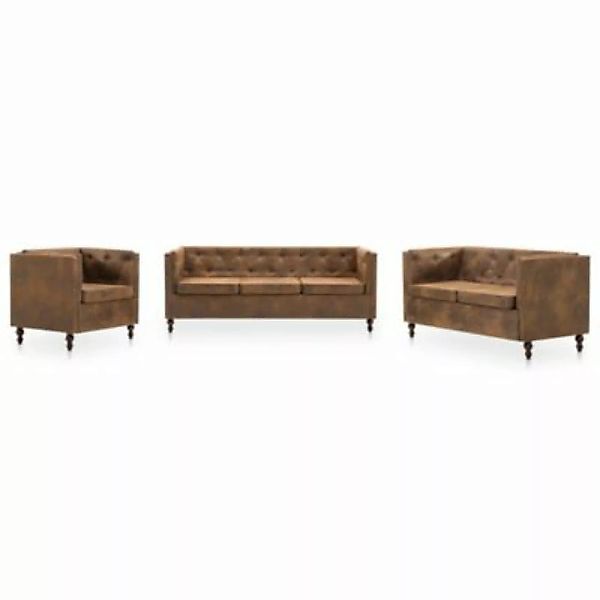 vidaXL Chesterfield Sofa-Set 3-tlg. Stoffpolsterung Braun Wildlederoptik So günstig online kaufen