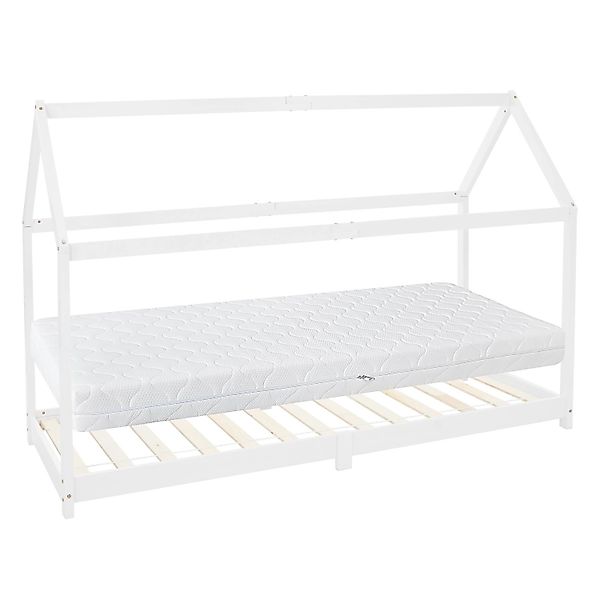 ML-Design Kinderbett 90x200 cm Weiß mit Matratze H16cm Dach Lattenrost günstig online kaufen