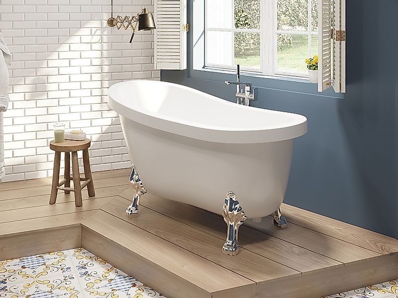 Freistehende Badewanne mit silberfarbenen Löwenfüßen - 171 L - 145 x 74 x 7 günstig online kaufen