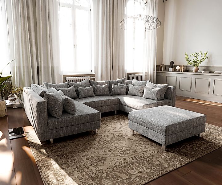 Wohnlandschaft Clovis Hellgrau modular Strukturstoff Hocker günstig online kaufen