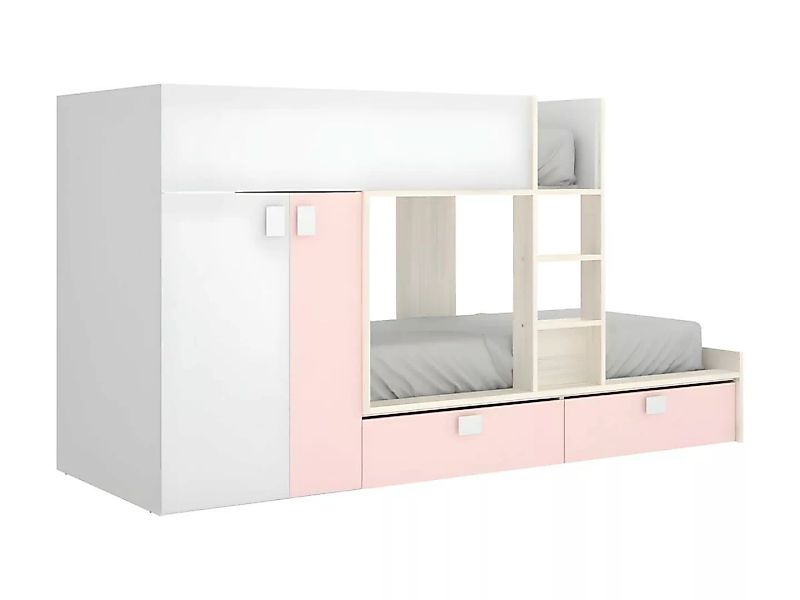 Etagenbett mit Kleiderschrank - 2x 90 x 190 cm - Weiß, Naturfarben & Rosa - günstig online kaufen