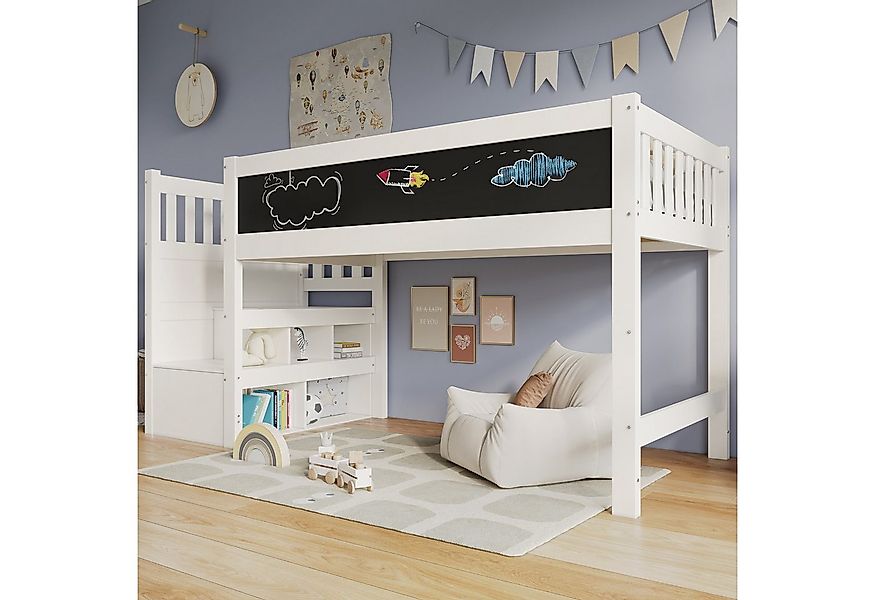 Flieks Kinderbett, Massivholz Hochbett mit Tafel und Stauraumtreppe 90x200c günstig online kaufen