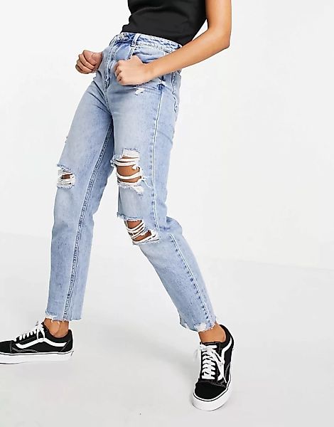 Pimkie – Mom-Jeans mit Rissen in Hellblau günstig online kaufen