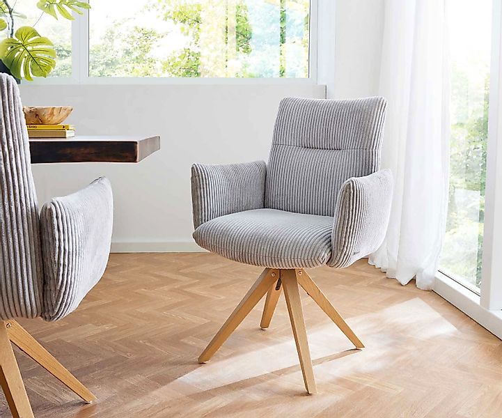 Drehstuhl Jova-Flex mit Armlehnen Cord Silbergrau Holzgestell kantig Natur günstig online kaufen