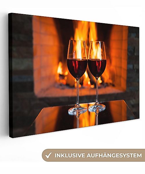 OneMillionCanvasses® Leinwandbild Zwei Gläser Rotwein am offenen Feuer, Fot günstig online kaufen