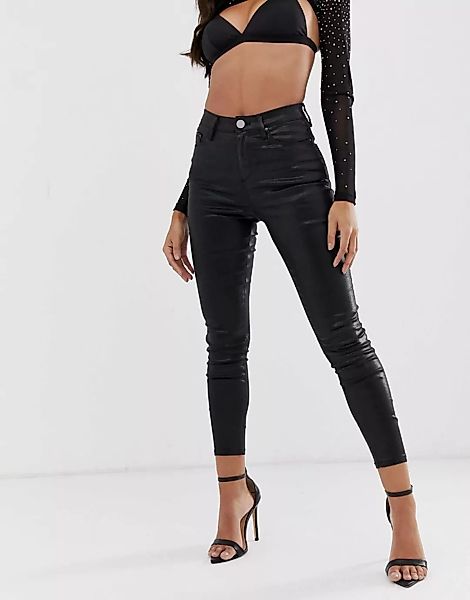 ASOS DESIGN – Ridley – Enge Jeans mit hoher Taille in Schwarz beschichtet günstig online kaufen