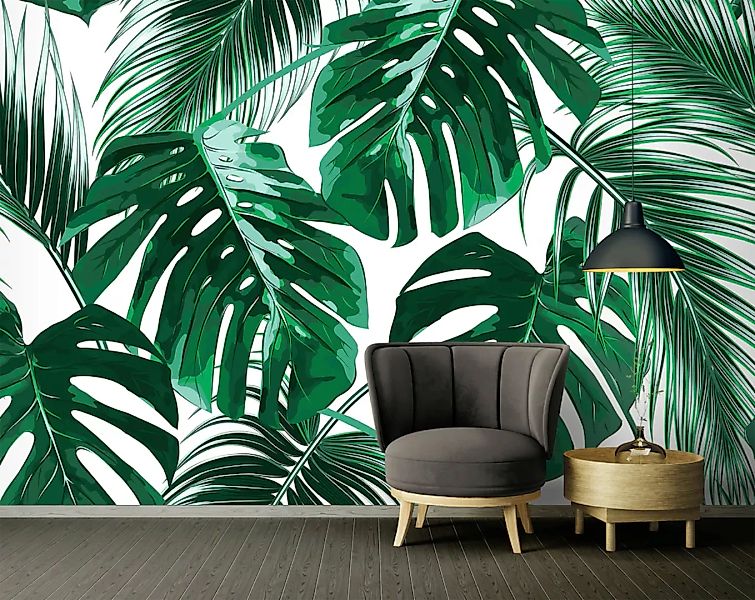 Fototapete Palmen Blätter Grün Weiß 3,50 m x 2,55 m FSC® günstig online kaufen