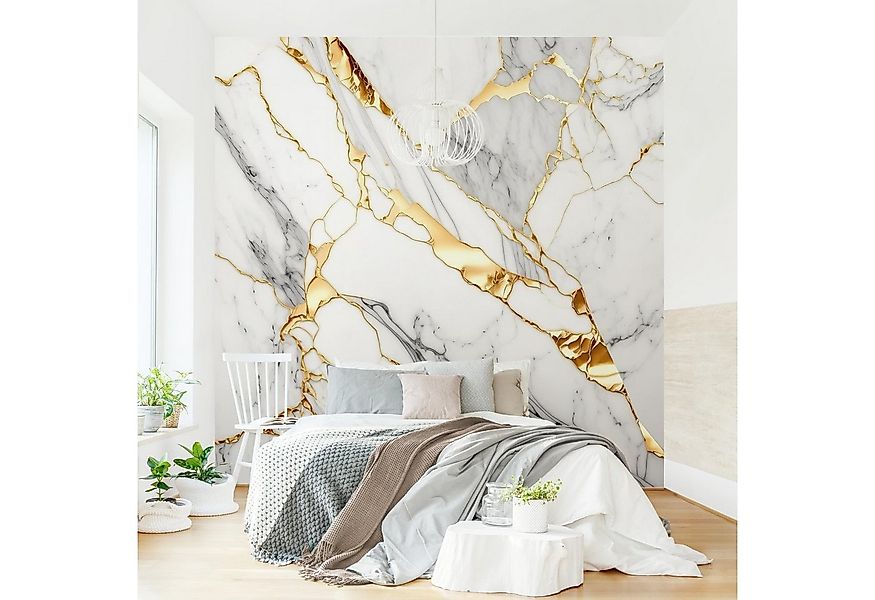 Bilderdepot24 Fototapete Weißer Marmor Goldeffekt Steinoptik, Glatt, Matt, günstig online kaufen