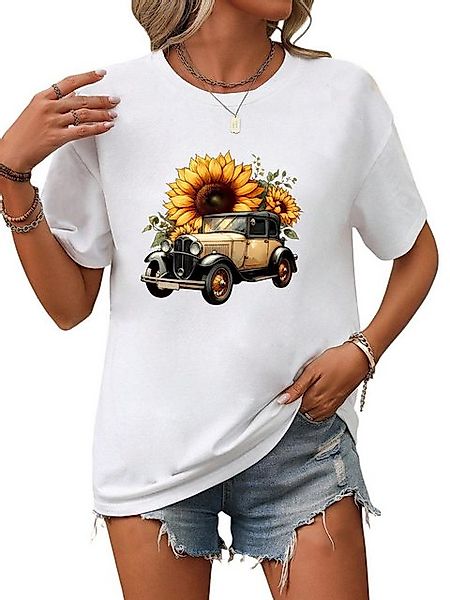 PYL T-Shirt Damen Sommer Casual T-Shirt mit Sonnenblumenauto Print Tee günstig online kaufen