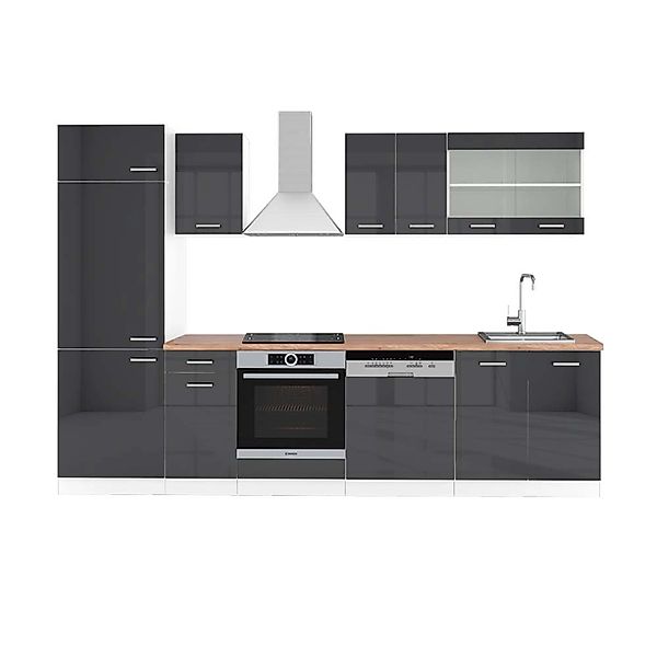 Vicco R-Line Küchenzeile Anthrazit Hochglanz/Weiß 300 cm AP Eiche günstig online kaufen