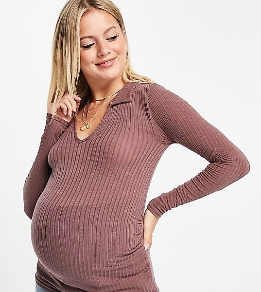 ASOS DESIGN Maternity – Figurbetontes, geripptes Poloshirt mit langen Ärmel günstig online kaufen