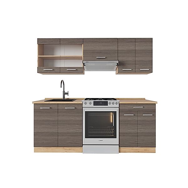 Vicco R-Line Küchenzeile Edelgrau/Goldkraft Eiche 200 cm AP Eiche ohne E-Ge günstig online kaufen