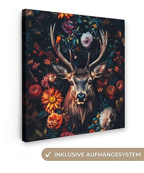 OneMillionCanvasses® Leinwandbild Hirsch - Tierporträt - Blumen - Natur - H günstig online kaufen