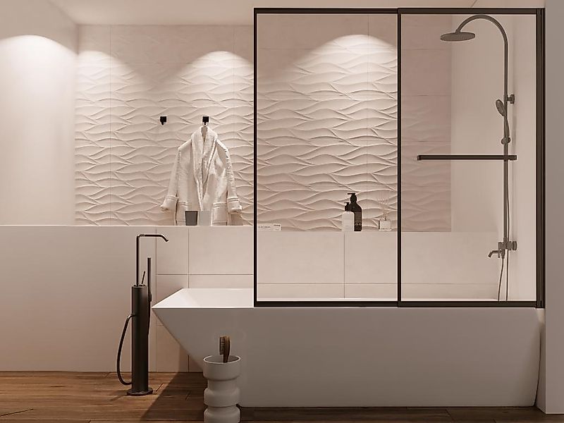 Duschtrennwand Badewanne mit Handtuchhalter - 120 x 140 cm - Schwarz matt - günstig online kaufen