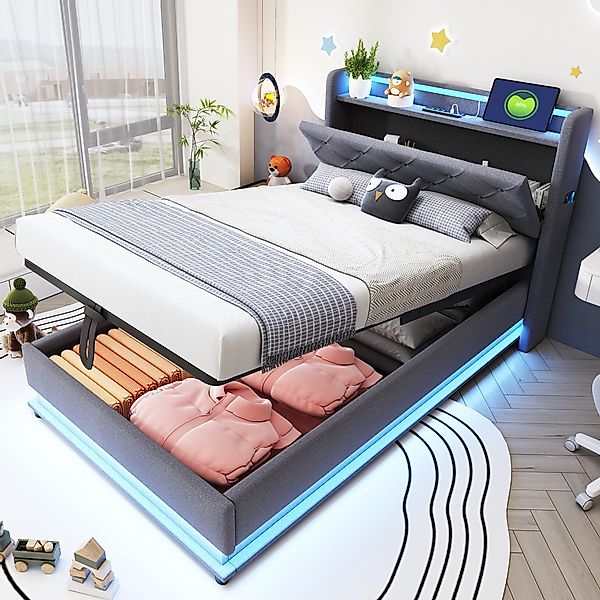 Flieks Polsterbett, LED Hydraulisches Stauraumbett Einzelbett günstig online kaufen