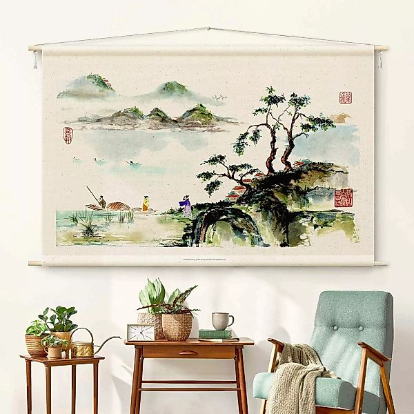 Wandteppich Japanische Aquarell Zeichnung See und Berge günstig online kaufen