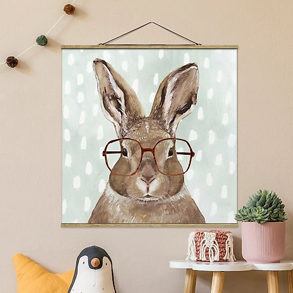 Stoffbild Tiere mit Posterleisten - Quadrat Bebrillte Tiere - Hase günstig online kaufen