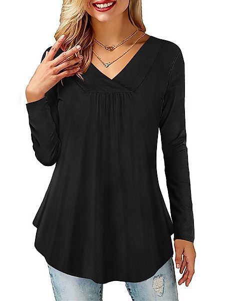 Beluring Langarmshirt Damen V-Ausschnitt Plissee Langbluse in Schwarz,Modis günstig online kaufen