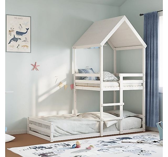 vidaXL Bett, Etagenbett mit Dach Weiß 90x200 cm Massivholz Kiefer günstig online kaufen