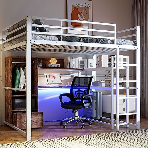 Ulife Hochbett Metallbett, mit LED-Leuchten, Schreibtisch, günstig online kaufen
