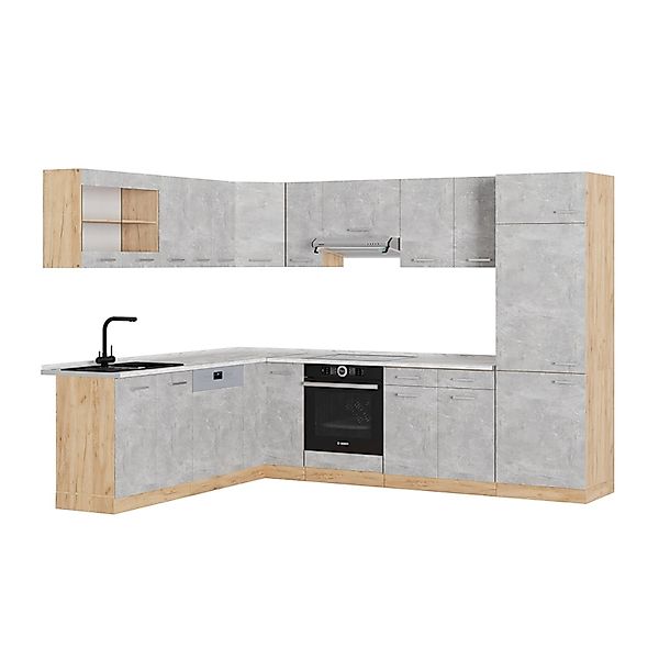 Vicco R-Line Eckküche Beton/Goldkraft Eiche 227 x 287 cm AP Marmor ohne E-G günstig online kaufen