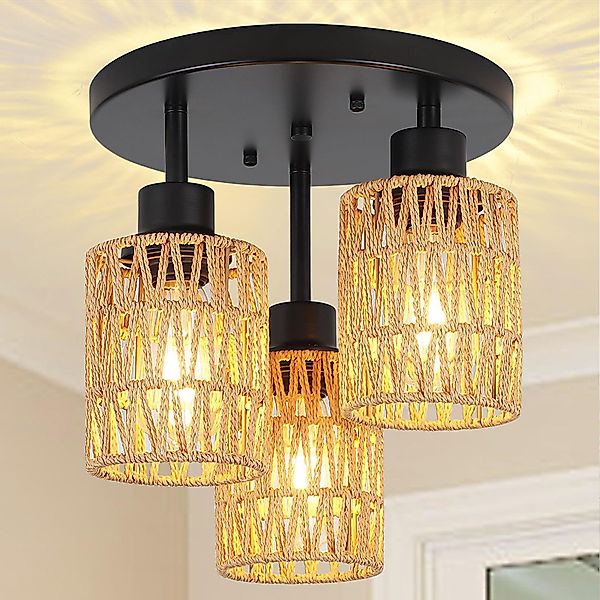MUPOO Pendelleuchte LED Deckenleuchte,Boho Pendelleuchte,Rattan Deckenleuch günstig online kaufen
