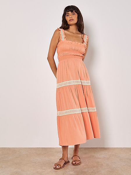 Apricot Midikleid Häkelspitzen-Stufenkleid, mit Smokdetails günstig online kaufen