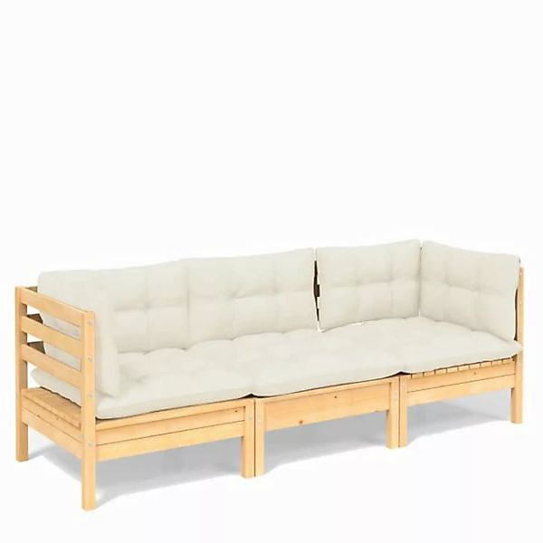 vidaXL Sofa, 3-Sitzer-Gartensofa mit Creme Kissen Massivholz Kiefer günstig online kaufen