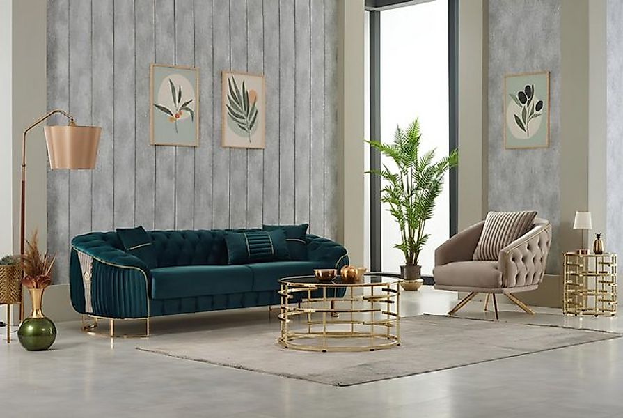 JVmoebel Sofa Couchgarnitur Polstersofa Dreisitzer Sessel Grün Couch Stoffs günstig online kaufen