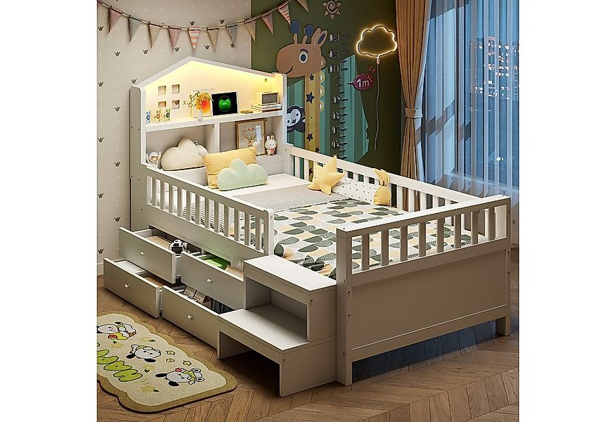 OKWISH Kinderbett Stauraumbett Holzbett (mit Sicherheitsgitter, vier Schubl günstig online kaufen