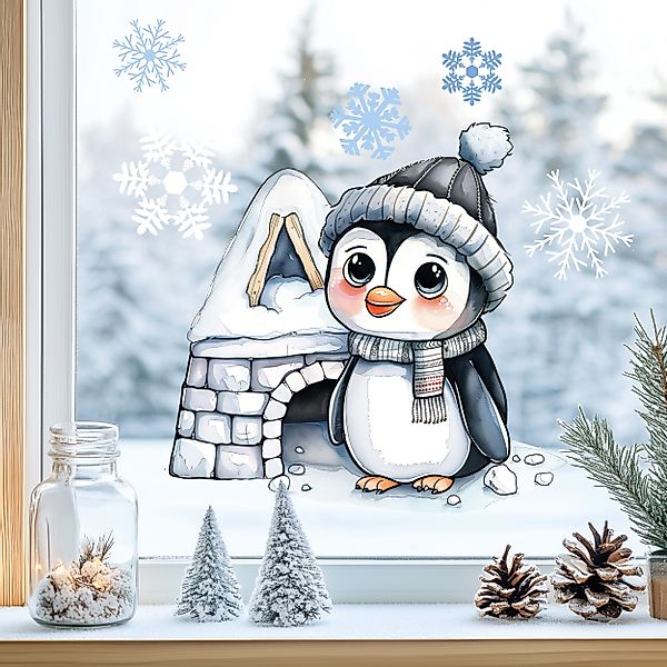 Sunnywall Fensterdekoration Kinderzimmer Fensterbild Winter Pinguin günstig online kaufen