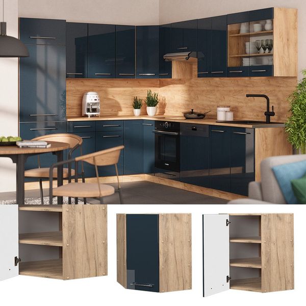 Vicco Eckhängeschrank Fame-Line, Dunkelblau Hochglanz/Goldkraft Eiche, günstig online kaufen