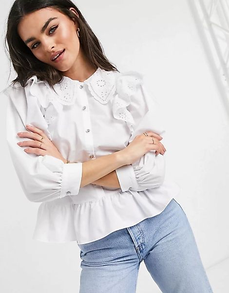 River Island – Popline-Bluse in Weiß mit Kragen und Rüschen günstig online kaufen