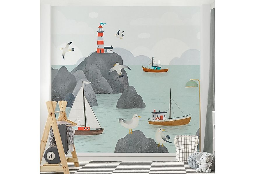 Bilderdepot24 Kindertapete Meer Felsen Boot Möwen Aquarell Natur Strand Mee günstig online kaufen