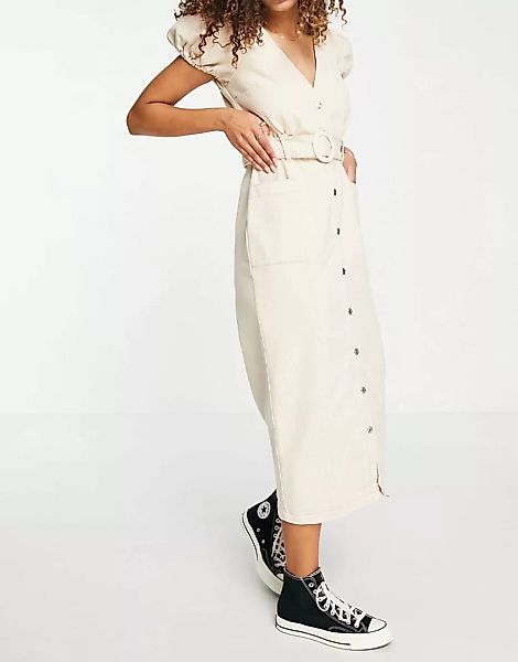 ASOS DESIGN – Midi-Jeanskleid mit Gürtel in Ecru-Weiß günstig online kaufen
