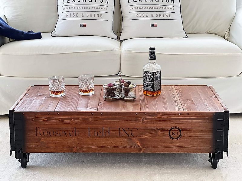 Vintage Couchtisch "Roosevelt Field" dunkelbraun aus Holz mit Rollen günstig online kaufen