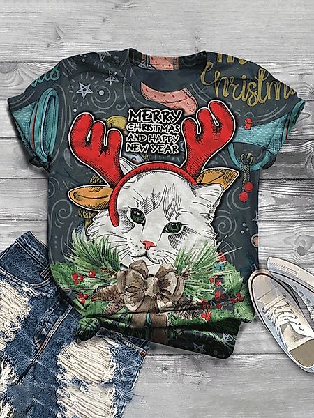 Cartoon Katze Bedrucktes Langarm-T-Shirt mit O-Ausschnitt und O-Ausschnitt günstig online kaufen