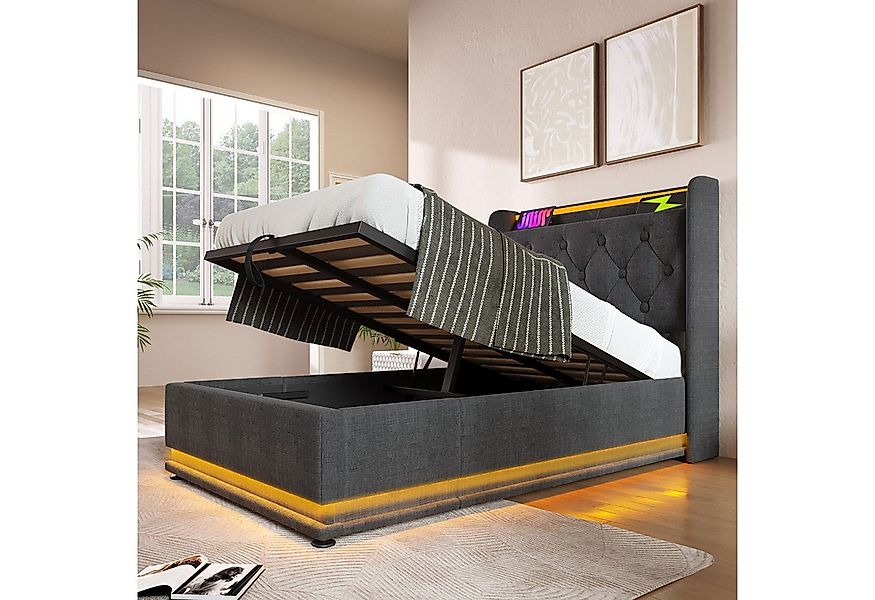 Flieks Polsterbett, LED Hydraulisches Stauraumbett Einzelbett 90x200cm mit günstig online kaufen