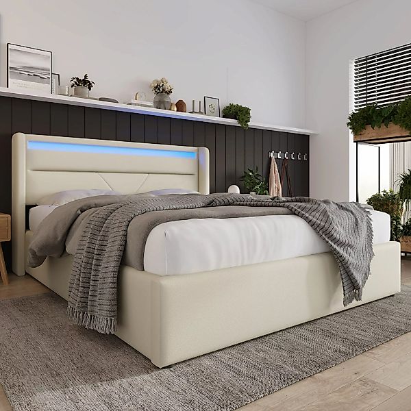 Bett 140x200 mit Bettkasten, Hydraulisches Doppelbett mit LEDs & Fernbedien günstig online kaufen