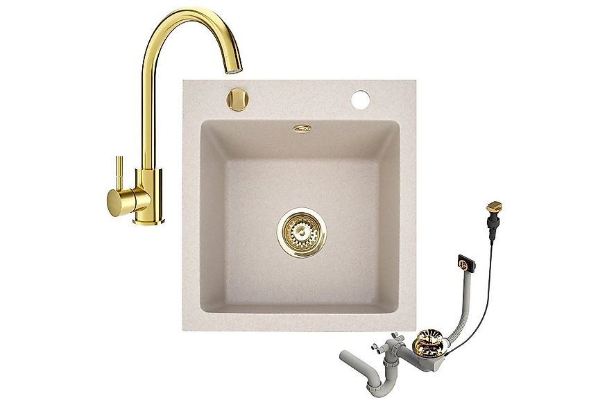 Faizee Möbel Granitspüle Granitspüle 49x52 +Armatur Gold Küchenspüle Spülbe günstig online kaufen